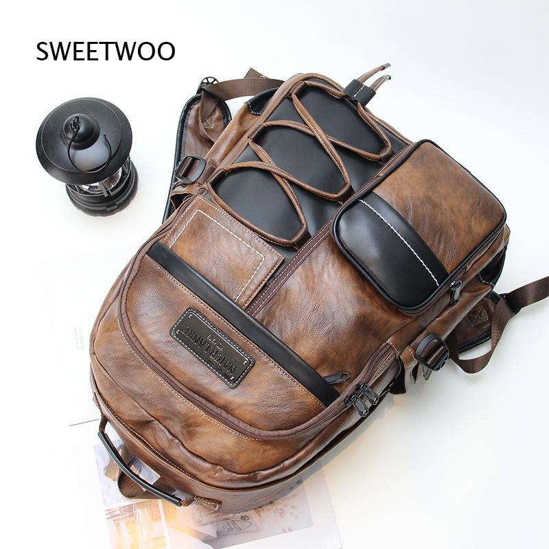 Men Brown Color Block Faux Lea - Leather Backpack Vintage recension och pris